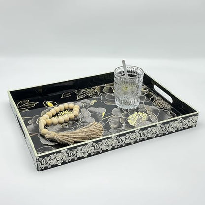 Serving Tray with Handles, 15.7 * 11.8 inches, Plastic Ottoman Tray with Exquisite Paintings, Trays for Coffee Table - color: Black Peony