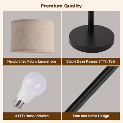 3 Light Arc Floor Lamp with Remote, Beige Shade Black Pole - color: Black-Beige Shade, size: 3
