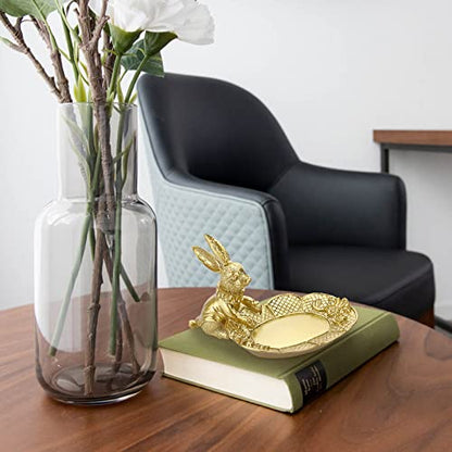 ELLDOO Golden Easter Bunny Figurine, Jewelry Ring Tray Trinket Holder Decorative Serving Tray Small Rabbit Statue Cute Ornament, Animal Sculpture Collectible Figurine Home Decor - style: Seated Rabbit
