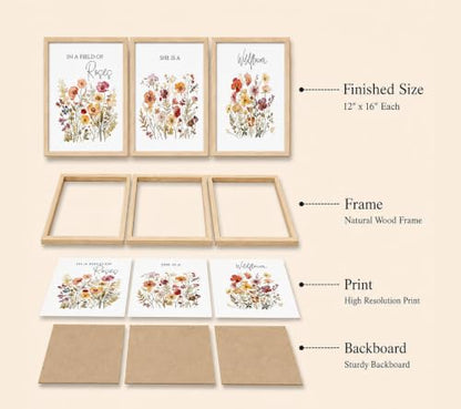 3Pcs Framed Canvas Wildflower Wall Art Botanical Poster Print 12x16 Inch - color: MEIGUIYEHUA, size: 16"L x 12"W