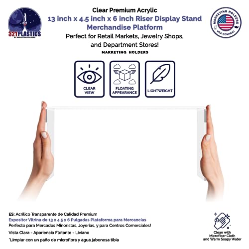 Marketing Holders 2 Pack Clear Acrylic Riser 13 Inch Wide by 4.5 Inch Deep Retail Jewelry Stores One Piece Reusable Ring Box Platform Lucite Throne Counter or Tabletop Pedestal - size: 13"W x 4.5"D x 6"H