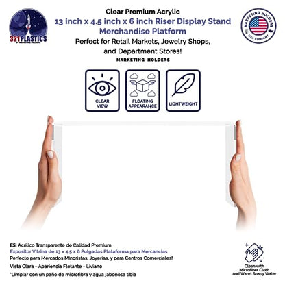 Marketing Holders 2 Pack Clear Acrylic Riser 13 Inch Wide by 4.5 Inch Deep Retail Jewelry Stores One Piece Reusable Ring Box Platform Lucite Throne Counter or Tabletop Pedestal - size: 13"W x 4.5"D x 6"H