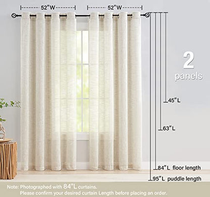 Linen Semi Sheer Curtains for Living Room 84" Natural Privacy Bedroom Drape - color: Natural - Grommet Top, size: 52"W x 84"L (Pack of 2)