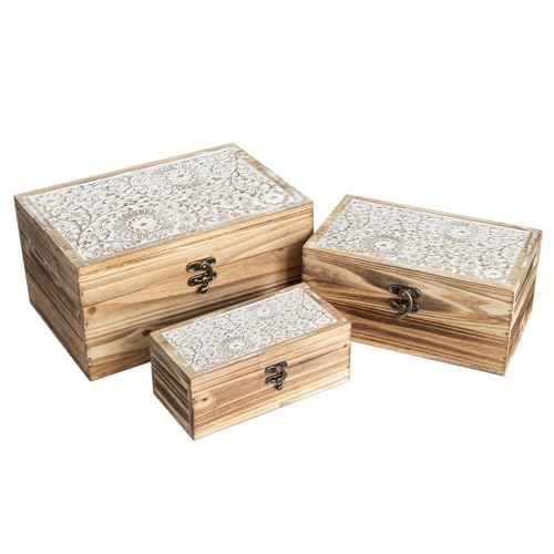 Set of 3 Wood Decorative Boxes, Rustic Farmhouse Keepsake Box Wooden Box with Hinged Lid and Floral Carved Design, Decorative Boxes for Home Decor, Brown - color: Brown - 3PCS