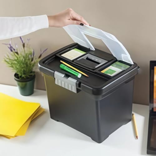 Lockable File Box, Stackable Document Organizer with Handle, Black