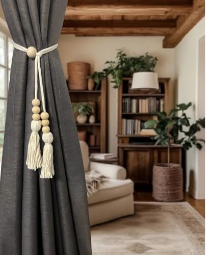 Wooden Beads Tassel Curtain Tiebacks, Curtain Tie Backs for Curtains 2 Pack, Sheer/Drapery Curtain Holdbacks, Rope Curtain Tie Backs, Boho Curtain Tiebacks for Mordern Farmhouse Home Office