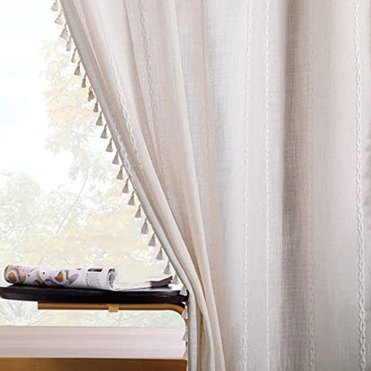 RoomTalks Boho Curtains for Bedroom Living Room 63 Inch Length Freanch Country Modern Farmhouse Window Curtain Panels Embroidery Striped Bohemian Tassel Draperies (63’’L x 52’’W, Beige) - color: Beige, size: 52"W x 63"L (Pack of 2)