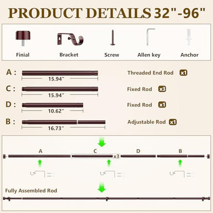 Curtain Rods for Windows 32-96 Inch, 1 Inch Adjustable Brown Curtain Rod Set with Brackets, Easy Install - color: Brown, size: 32"-96"/1 Pack