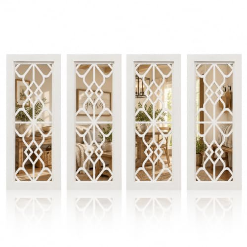 ZEXUIRU 4 Set Rustic Wall Mirrors for Bedroom Bathroom Living Room Entryway Wood Farmhouse Rectangle Easy to Hang Framed Decorative Accent Hanging Wall-Mounted Mirror Set for Living Room - White - color: Rectangle White Set 4
