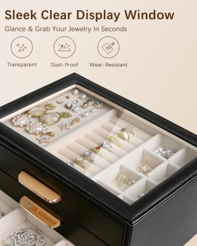 Homeanda Jewelry Boxes Organizer with Glass Lid, 3-Layer PU Leather, Black - color: Black, size: 3 Layer
