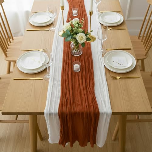 Cheesecloth Table Runner 2 Pack White and Terracotta, Boho Gauze Table Runner 10Ft 120 Inches Long for Wedding Decor, Party & Home Table Decoration - color: White and Terracotta