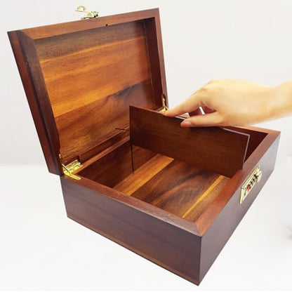 Large Wood Box Decorative Acacia Wooden Storage Box with Combination Lock With Adjustable Divider Wooden Keepsake Box with Hinged Lid Chest Stash Boxes Decorative Lockable Chest Box(Secret Grid) - style: Code Lock with partition