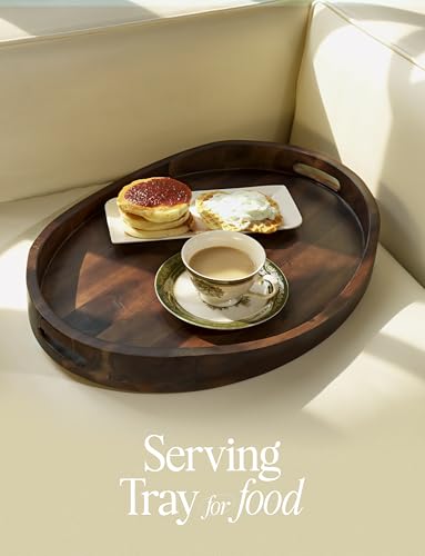 TIDITA Acacia Oval Wooden Serving Tray with Handle, 16.5"x13", Walnut Color - color: Walnut, size: 16.5" x 13" x 2.2"