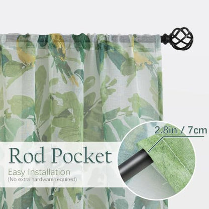 Green Sheer Curtains 63 Inch Length for Living Room 2 Panels - color: Tropical Leaf and Bird, size: 50"W x 63"L (Pack of 2)