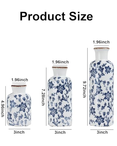 Blue and White Ceramic Vase Set of 3, Vintage Floral Vases for Home Decor - color: Blue