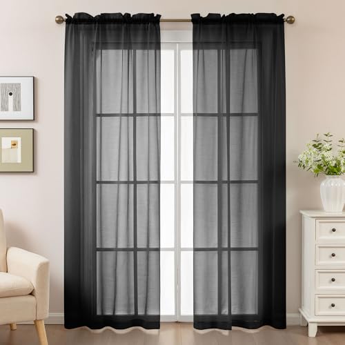 Black Sheer Curtains 84 Inches Long Rod Pocket - color: Black, size: 42"W x 84"L (Pack of 2)