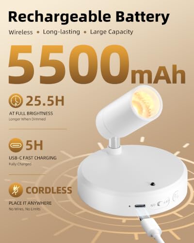 EZVALO Spot Lights Indoor, 5500mAh Rechargeable Picture Lights with Remote, Wireless Mini Art Accent Spotlights with Timer & Dimmable, 3-CCT, Uplights Indoor for Plants, Display (2-Pack-White) - color: White