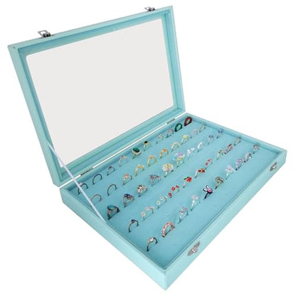100 Slots Jewelry Ring Holder Box with Dust-proof Clear Glass Lid - color: Blue-100 rings