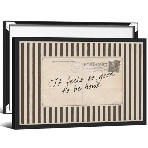 Vintage Postcard Wall Art - It Feels So Good to Be Home Striped Typography Cozy Sentimental Canvas Decor Neutral Rustic Retro Home Quote Poster Brown Ready to hang 16x24in Wrapped Black Framed - color: Postcard Wall Art, size: 24"L x 16"W, style: Black Fr