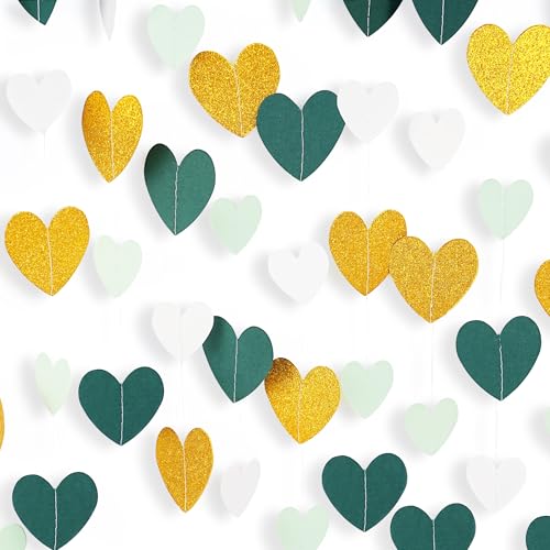 Green Garland Birthday Decorations - Green and Gold Party Decorations Sage Emerald Green Bridal Baby Shower Decor, Heart Streamers Banner Wedding Anniversary Valentines Bachelorette Garsellen - color: Green Glitter Gold