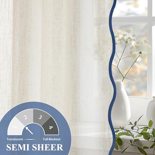 DriftAway Semi Sheer Scalloped Edge Linen Coastal Beach Window Curtains for Living Room Bedroom 2 Panels Rod Pocket Each Size 52 Inch by 90 Inch Navy - color: Linen Navy, size: 52"W x 90"L (Pack of 2)