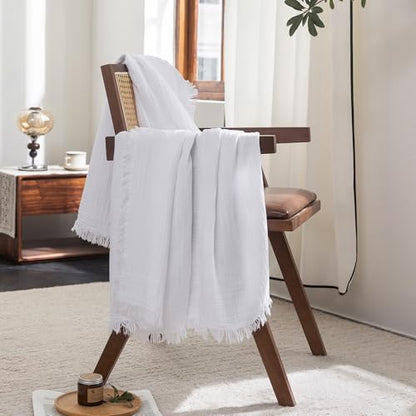 FOSSA Muslin Blanket 4-Layer 100% Cotton Gauze Blanket with Fringe 50"x70" - color: Bright White, size: Throw XL (50" × 70")