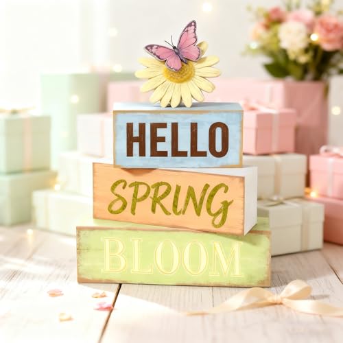 Spring Decoration Wooden Tiered Tray Decor – Rustic Hello Spring Bloom Stacked Block Sign with Butterfly Daisy Topper – Farmhouse Tabletop Spring Decor for Living Room Shelf Kitchen Coffee Bar Seasonal Home Display - style: Butterfly