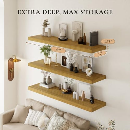 48in Floating Shelves, 3-Pack 12in Deep Wall Shelf - color: Natural, size: 3T48IN
