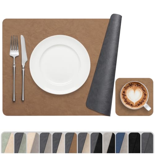 Vinyl Placemats Set of 4, Dual Sided Place Mats with Drink Coasters - color: Brown/Dark Gray Two-tone, size: Set of 4