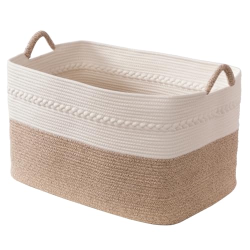 Woven laundry basket for large storage, White/Brown, 22"x14.6"x12" | Woven from Natural Cotton Rope, Handles, Storage for Blankets, Clothes, Toys, Pillows, Decorative Quilted, For Living Room - color: white/Brown, size: 62L 22"x14.6"x12"