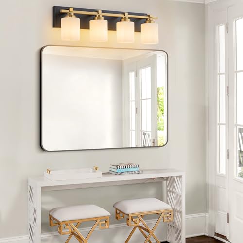 Modern Bathroom Light Fixtures Over Mirror, Vanity Lights for Bathroom Wall Sconces with Milky White Glass Shades, E26 Socket (Bulbs Not Included), 4 Light, Black Gold - color: Black Gold, size: 27.16 inch-4-Light