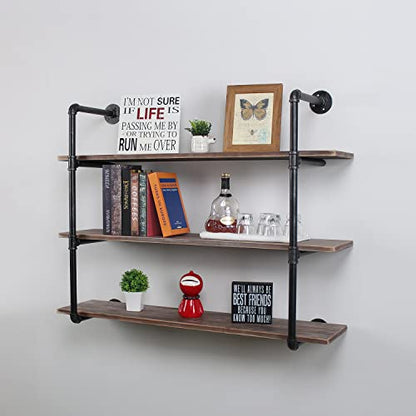 MBQQ Industrial Pipe Shelving Wall Mounted,48in Rustic Metal Floating Shelves,Steampunk Real Wood Book Shelves,Wall Shelf Unit Bookshelf Hanging Wall Shelves,Farmhouse Kitchen Bar Shelving(3 Tier) - color: 3-layer, size: 48in