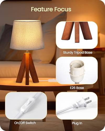 Tripod Table Lamp, 14.6" Small Bedside Lamp with Gray Linen Shade & Dark Wood Base, Modern Nightstand Lamp for Bedroom, Kids Room, Living Room, Nursery, Office, E26 Socket, LH51TL05 - color: Gray+Pearwood