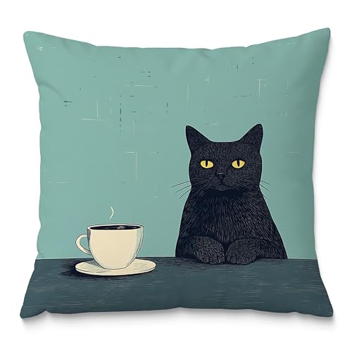 Black Cat Pillow Covers 18x18，Cat Lovers Mom Grandma Gifts for Mother's Day, Black Cats with a Cup Pillow Covers for Home Bedroom Living Room Office Decor - color: Style10