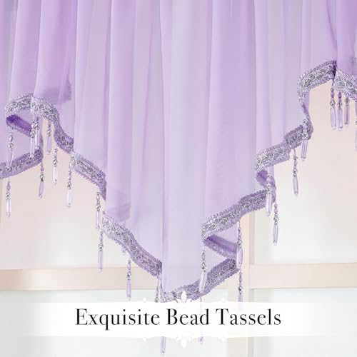 WUBODTI Taro Purple Beaded Sheer Curtain Valances for Kitchen Windows, Triangle Sheer Swag Valance Curtains Boho Bead Tassels Window Valances for Bedroom Bathroom Living Room,3PCs, Each W51 x L24 - color: Taro Purple
