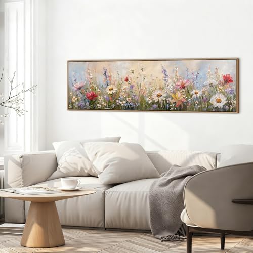Wood Framed Wildflower Wall Art Bedroom Wall Decor Above Bed, Colorful Flower Poppy Daisy Picture for Living Room Abstract Nature Floral Painting Canvas Prints Meadow Poster Artwork Decorations 14x48” - color: Flower02