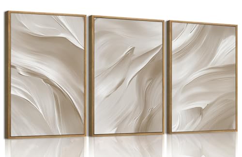 myusuar 3 Piece Large Abstract Framed Wall Art For Living Room, Smoke Texture Ink Beige White Canvas Wall Art Modern Minimalist Art Prints Wall Décor For Bedroom Office 16x24in - color: Beige White, size: 16x24in
