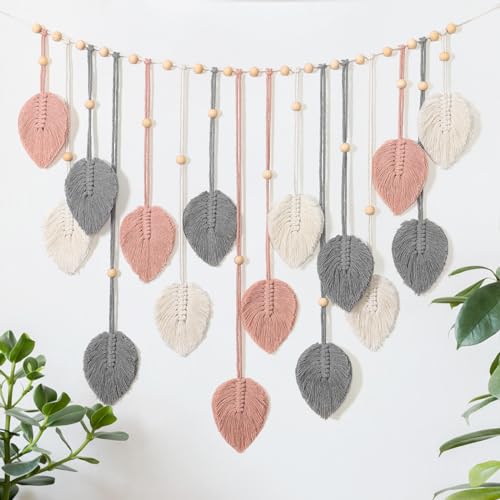 Betylifoy Macrame Wall Hanging Boho Pink Leaves Tapestry Wall Art Decor - color: Pink