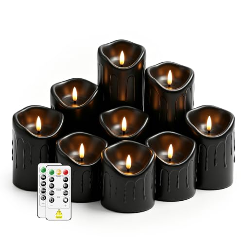 Nimiko Flameless Candles with Remote, Battery Operated Flickering Flameless Candles, LED Candles with Timer 2/4/6/8H, Realistic Drop Wax flameless Candle Set of 9 (D3 x H 3" 4" 5" 6" 7") (Black) - color: Black-dripping wax