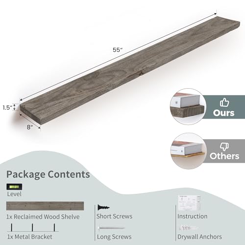 FLYJOE Solid Wood Floating Shelves, 8" Deep Rustic Reclaimed Barnwood Wall Hanging Floating Shelf with Invisible Heavy-Duty Metal Bracket | Wall Mounted | Farmhouse Style | 55 inches,1PC,Grey - color: Distressed Grey, size: 55inches-1P
