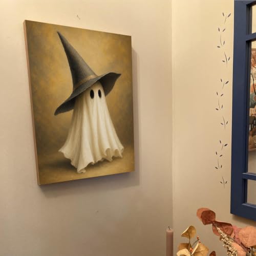 Halloween Wall Art Decor, Cute Ghost Witch Hat Canvas Print Framed Poster - color: W