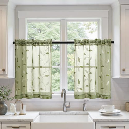 MIULEE Sage Green Sheer Curtains 2 Panels Leaf Patterned, W30 x L24 - color: Sage Green, size: 30"W x 24"L (Pack of 2)