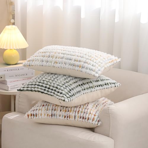 LUOYEHK Boho Throw Pillow Covers 22x22 Inch Set of 2 Chenille Tufted Pillowcase Farmhouse Neutral Cushion Covers for Couch Sofa Bed Living Room, Green White - color: Green White, size: 22" x 22" (Pack of 2)