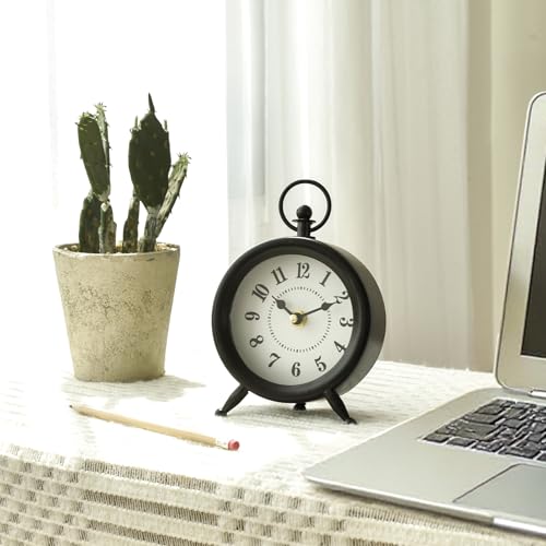 EMAX HOME Small Black Desk and Shelf Clock, 4.7*7.3 Inch Retro Elegant Tabletop Clock with Glass Cover, Silent Non-Ticking Battery Operated Decorative Clock for Living Room, Office, Bedroom, Gift Idea - color: Black, size: 7.3"H