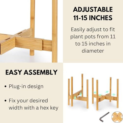 Fox & Fern Large Adjustable Plant Stand Indoor, Bamboo Stand, 11 - 15 Inch - color: Bamboo, size: 11 - 15 Inch