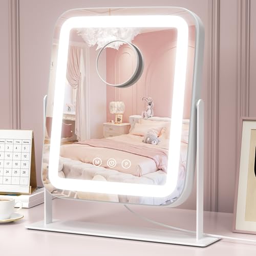 Saliwa Vanity Mirror with Lights, 14.2" x 12.2" Lighted Makeup Mirror with 3 Color Lights, Stepless Dimming, 5X Magnifying Mirror for Desk & Bedroom, 360° Rotation, Gift for Women, Mom, Daughter - size: 14.2"L x 12.2"W