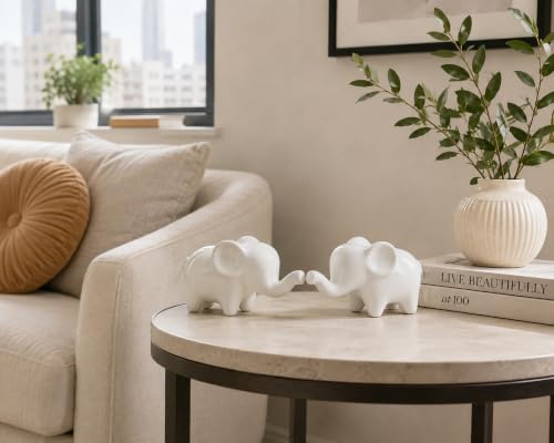 4 Inch White Ceramic Elephant Figurines Set of 2 - color: White