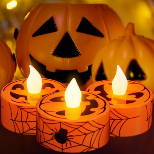 GenSwin Pumpkin Spiderweb Halloween Flameless Candle Battery Operated Timer - color: 12-Orange