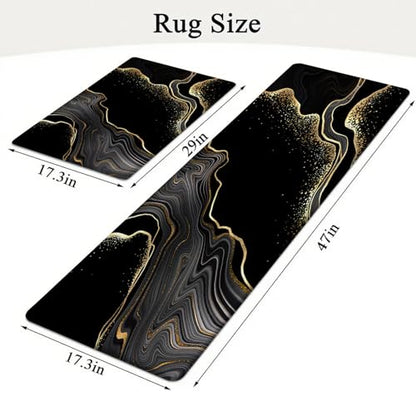 Kitchen Mats Set of 2, Cushioned Anti Fatigue Non Slip Waterproof Runner, Black and Gold Marble Design, PVC Memory Foam, 17.3"x47" and 17.3"x29" Rectangle Rugs for Kitchen Sink and Laundry - color: Black Marble 4