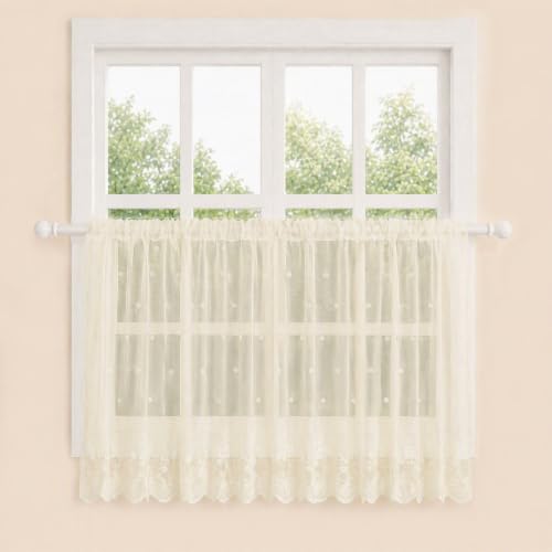 Molaxhome Kitchen Curtains Valance Beige Lace Floral Semi Sheer Curtain - color: Beige, size: 54"W x 35"L (Pack of 1)